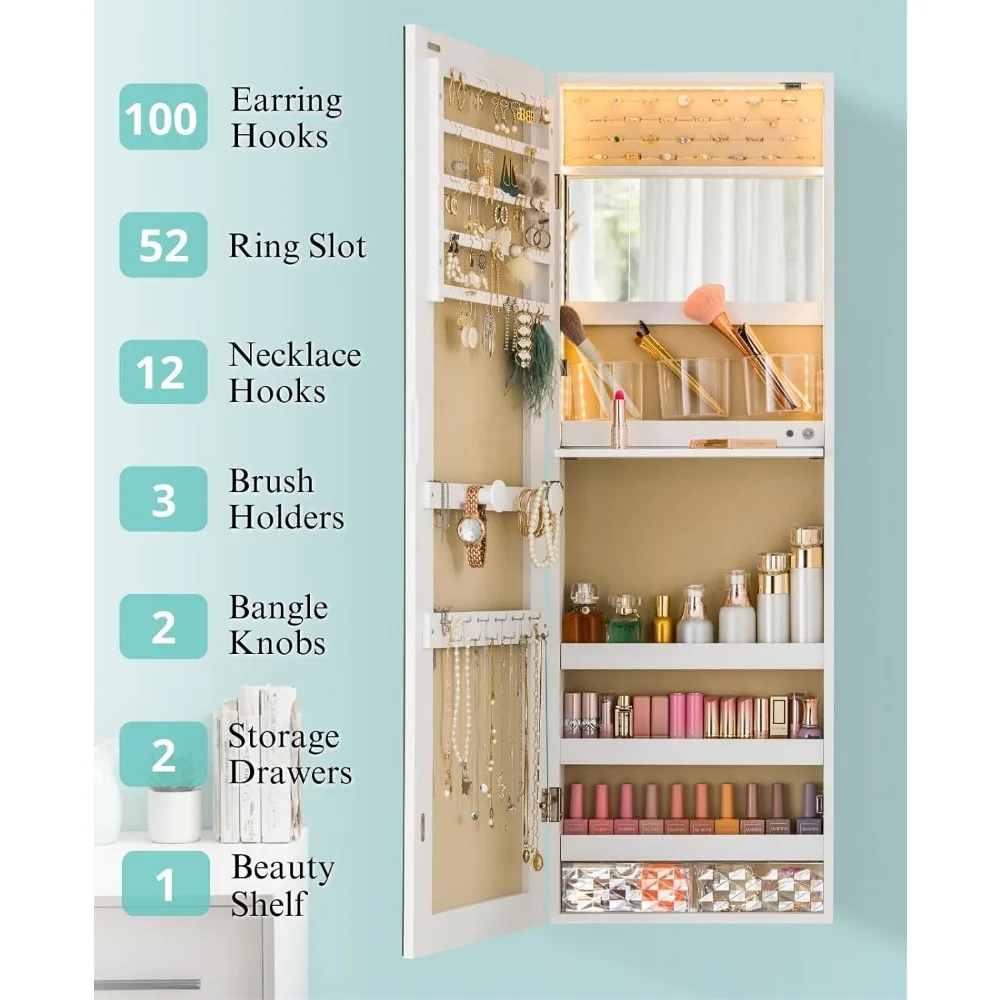 خزانة مجوهرات بمرآة مثبتة على الحائط مع أضواء، 42 بوصة طويلة فوق الباب، خزانة مجوهرات معلقة، 3 أوضاع ألوان مجوهرات