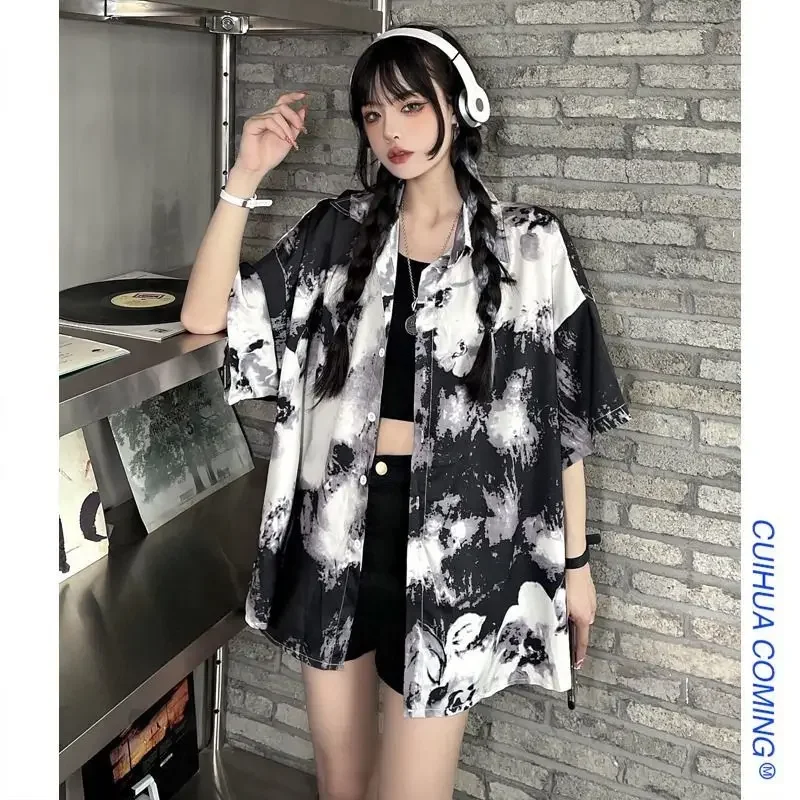 

Women Summer Vintage Fashion Tie Dye Printing Polo-Neck Short Sleeve Shirts Women Clothing Simplicity Casual Trend Loose Top Tee