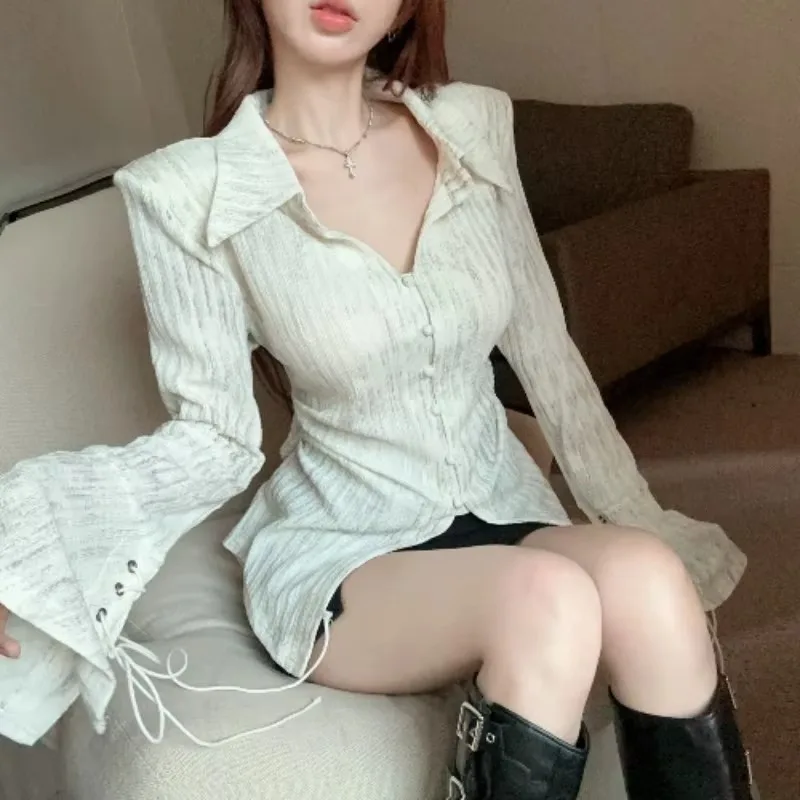 Flare Sleeve Shirts for Women Chic Lace-up Design French Style Spring Autumn Retro Sweet Sexy Girls Tops All-match Streetwear