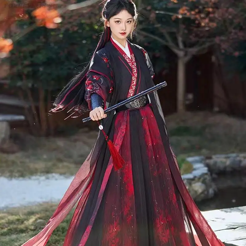 النساء الرجال أسود أحمر Hanfu سلالة سونغ التقليدية Beizi تنورة التاريخ القديم المبارز تأثيري حلي هالوين Wuxia الدعاوى #1