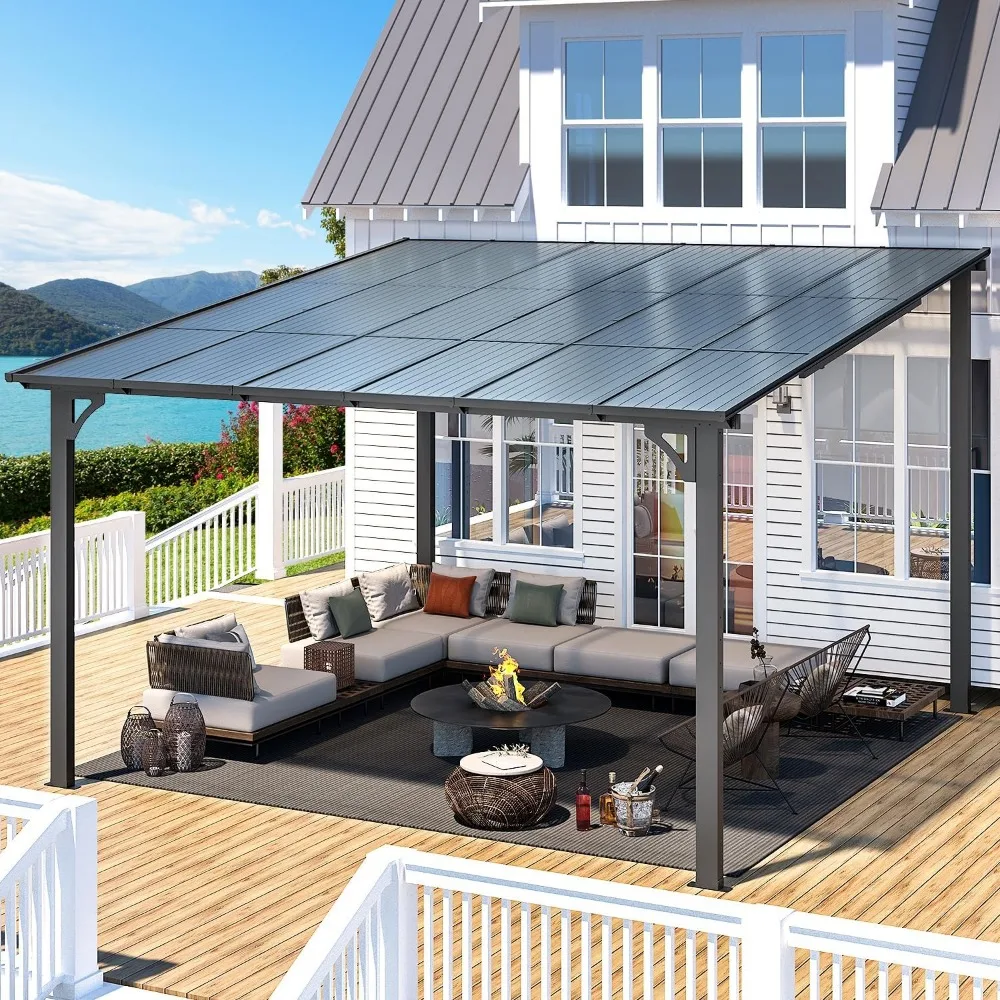 عريشة خارجية مقاس 12 × 12 بوصة للفناء، جزء علوي صلب كبير مثبت على الحائط مائل إلى شرفة معدنية وعريشة شفافة #4