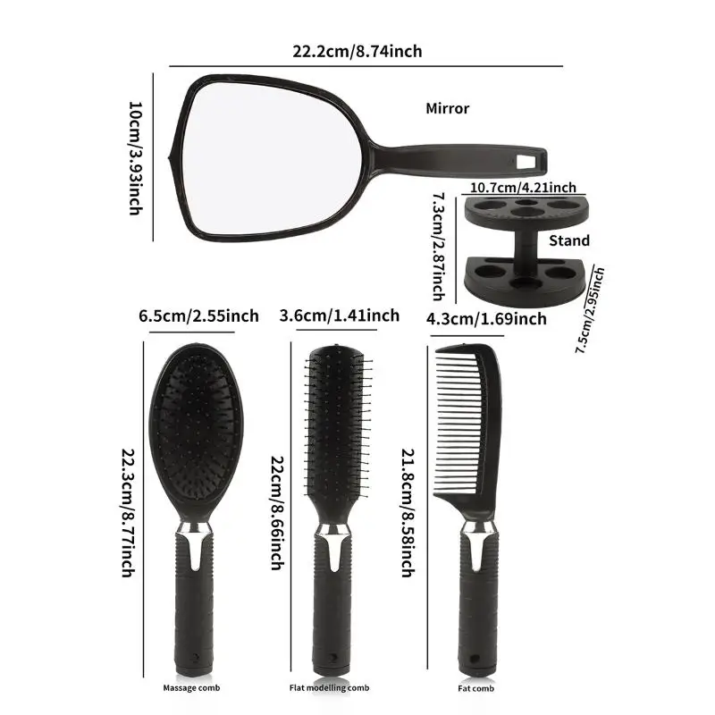 5 Piece Hair Brush and Mirror Set Anti Static Bristles Non Slip Handles Compact Size for Purse Bag Carry Travel Use