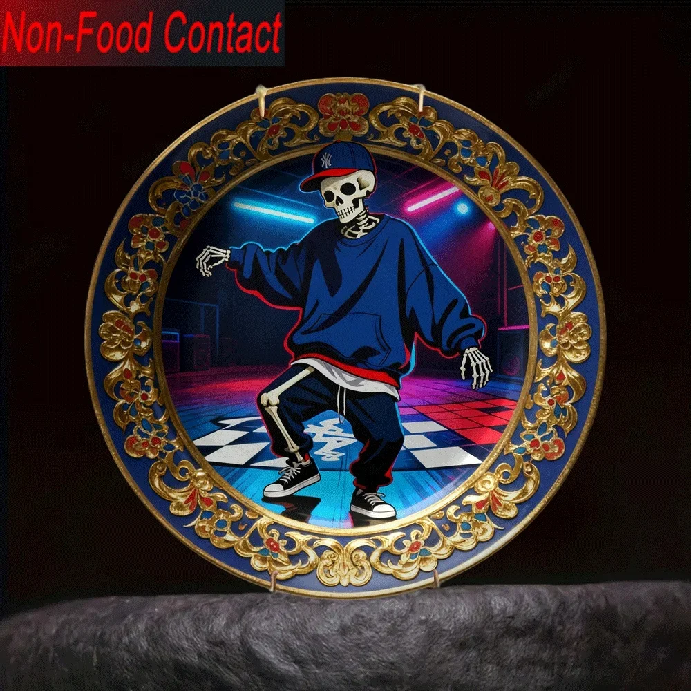 1pc 2D Hip-Hop Skeleton Dancing Ceramic Decorative Plate | Non- Contact, Round Glam Style Decor for Home Study, Living Room,