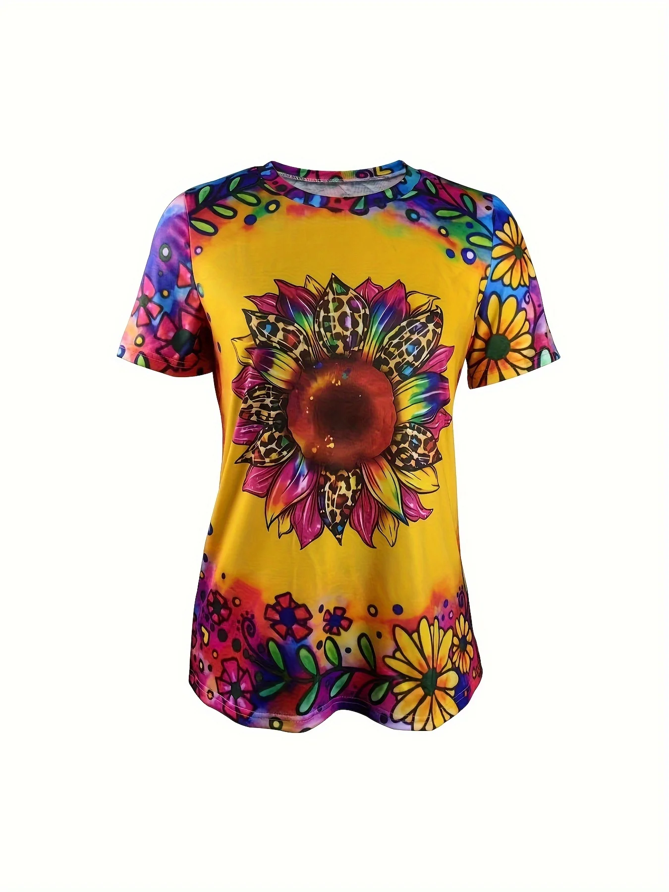 Summer new women's short sleeved clothing Sunflower 3D printed T-shirt casual round neck short sleeved Harajuku clothing