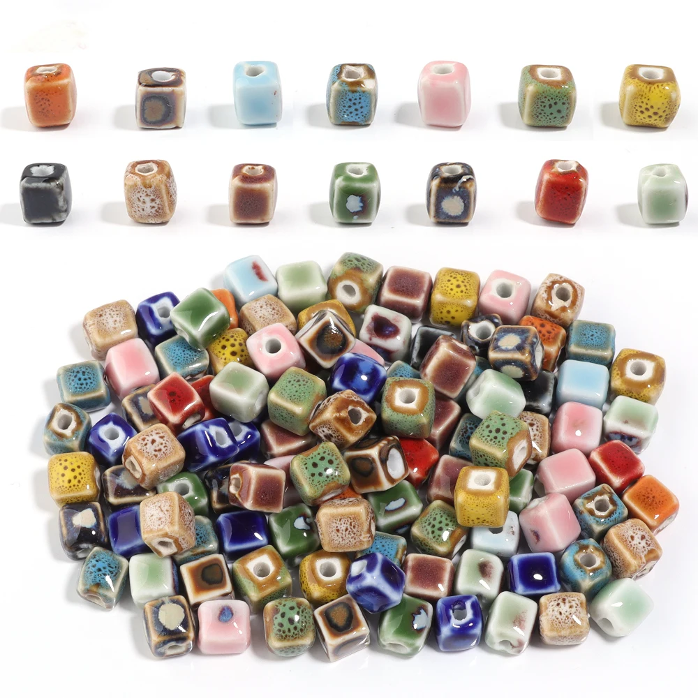 

10pcs/lot Colorful Square Ceramic Beads Floral Glaze Porcelain Bead For DIY Bracelet Necklace Charms Jewelry Making Accessories