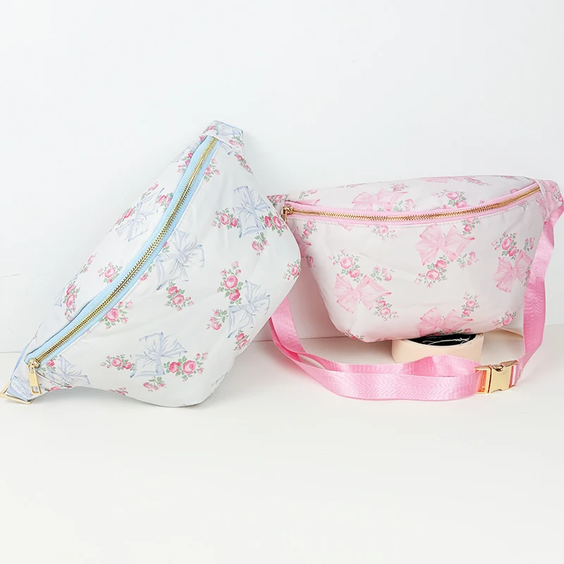 Leisure Fanny Pack Fashion Chest Bag Blue Pink Bow Flower Waist Bag For Women Nylon Waterproof Shouder Pouch Case