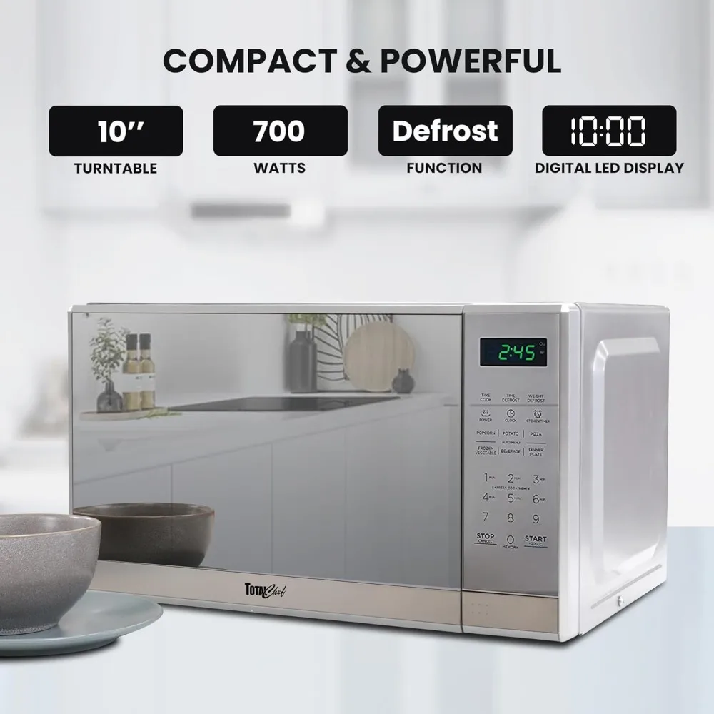 Compact Countertop Microwave Oven 700W 0.7 Cubic Feet Capacity Digital Touchscreen Controls One-Touch Push-Button Opening