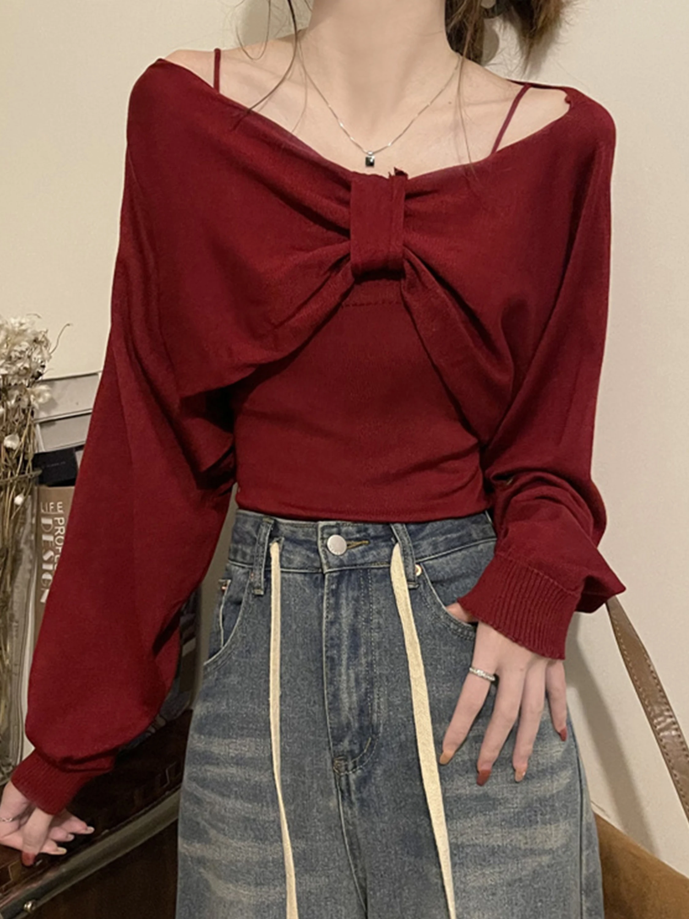 

Red Knitted One-oulder Base irt Women's Autumn Winter ort Sle Slanting oulder Sweater Inner Wear Top High-End Feeling