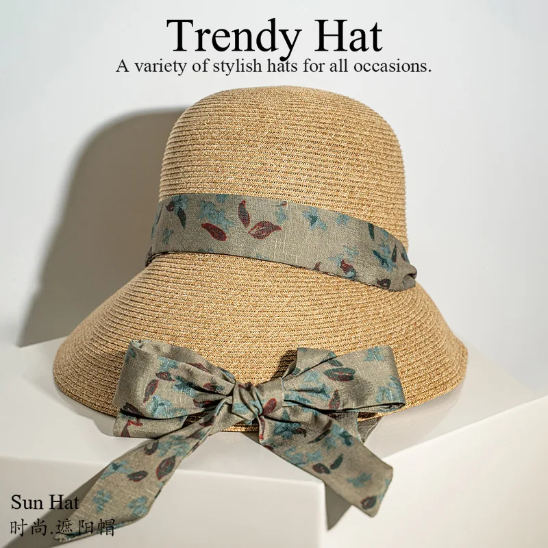 

Японская ретро-шляпа из соломки с цветочным принтом и широкими полями, складная, для защиты от солнца, для женщин, для отпуска