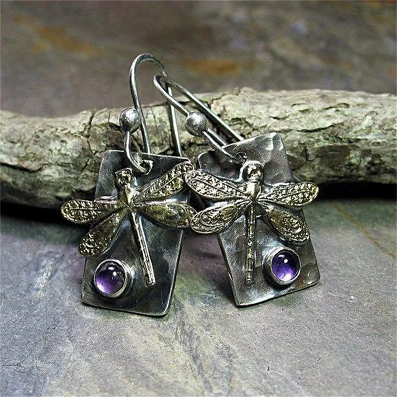 Vintage Rectangular Animal Dragonfly Purple Stone Dangle Earrings For Women Party Accessories Ethnic Earrings Custom Jewelry