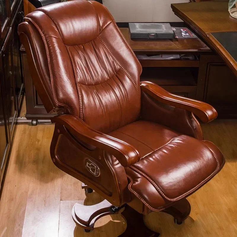 

Genuine Leather Executive Office Chair High Back Reclining Swivel Chair with Massage Function for Manager Boss Home Business Use