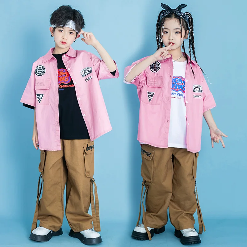 Teens Hip Hop Costumes Kids Brown Sleeve Sleeve Shirt Cargo Pants for Girl Boy Street Dance Outfits Group Stage Wear Clothes