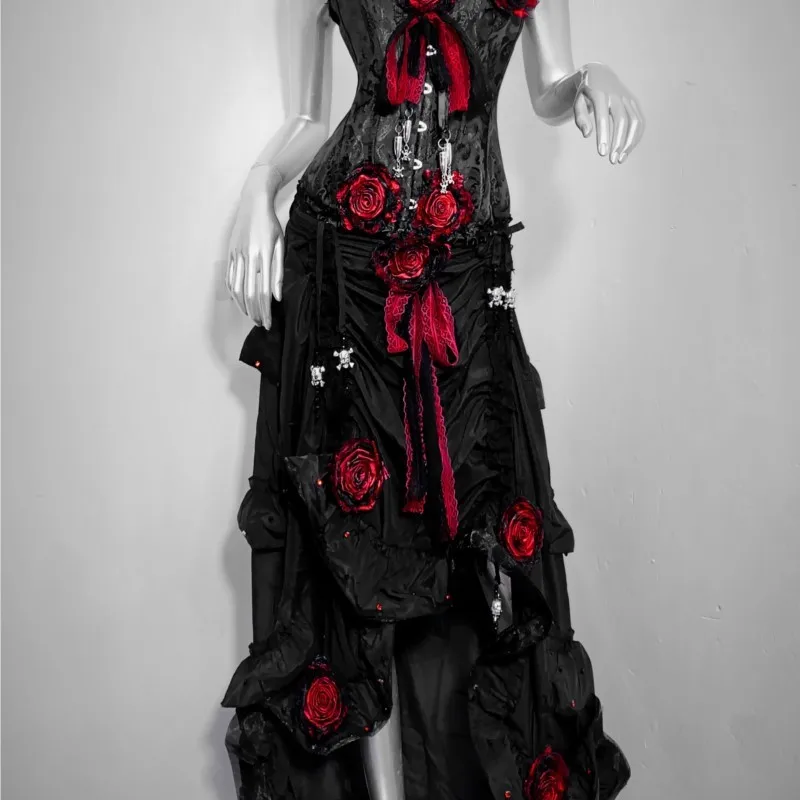 

Rose Gothic Culture Fishbone Corselette Drawstring Irregular Long Dress Suit