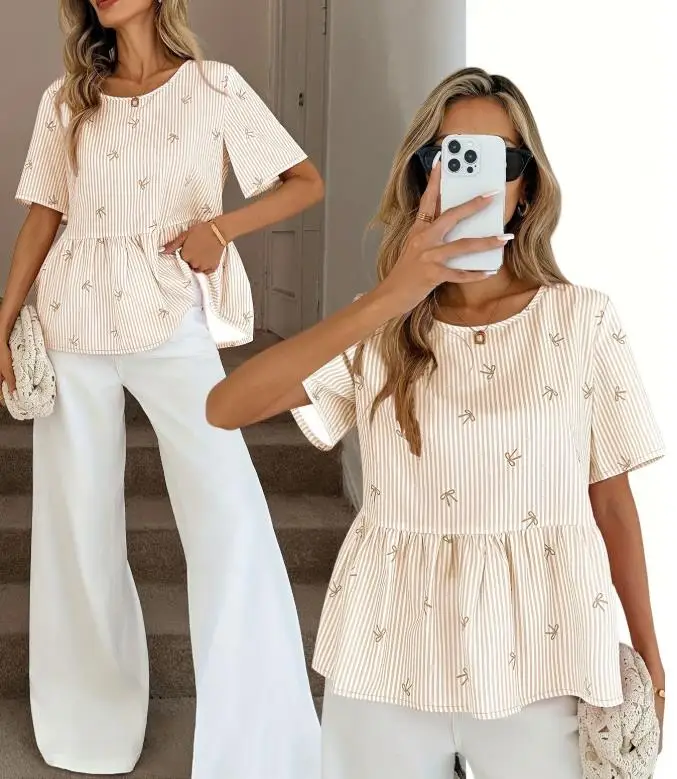 

Top Women 2026 Spring Summer New Fashion Striped Bow Printed Round Neck Short Sleeved Versatile Casual Loose Daily Shirt Top