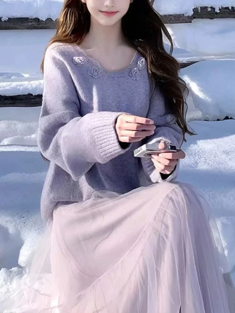 

Korean Fashion Knit Sweet Purple 2 Piece Sets Chic Loose Sweater + Veil Long Skirt New Pure Desire Chic Knitted Fairy Suits 2025