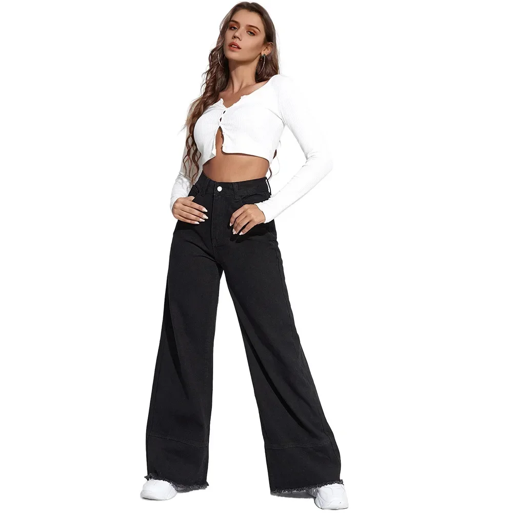 

Denim Wide Leg Pants Women Jeans High Waist Distressed Washed Vintage Straight Trousers 2025 Female Streetwear Floor Length