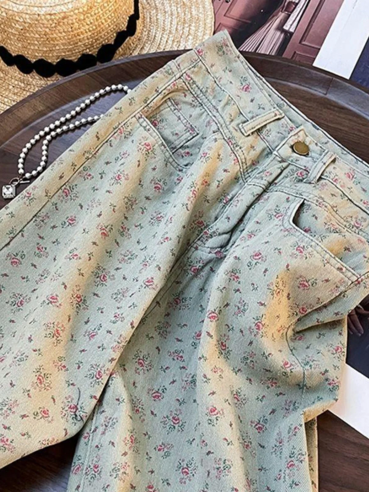 American Floral Printed Retro Slimmming Straight Leg Jeans Women Clothing Spring New High Waist Loose Casual Wide Leg Pants