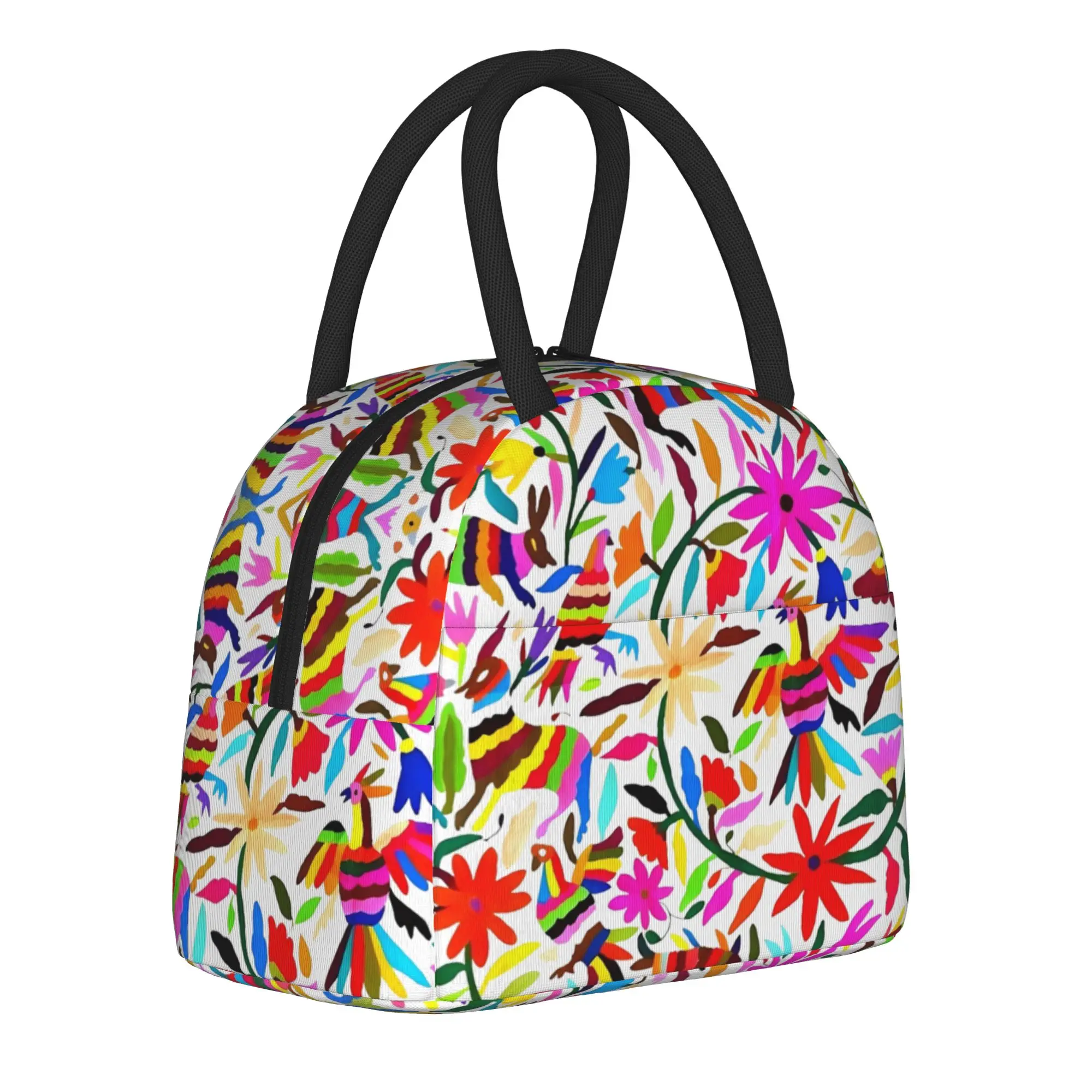 Bolsa térmica grande Otomi Tenango con textura de pájaros mexicanos Otomi, contenedor para el almuerzo, bolsa nevera, lonchera escolar, bolsa para comida
