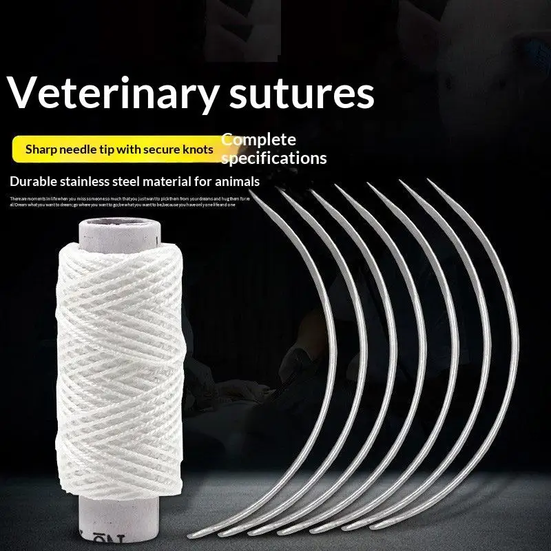 10Pcs/Bag Veterinary Suture Needles Or 1Roll Sutures For Pig Cattle Sheep Surgical Curved Trigeminal Needles Vet Equipment