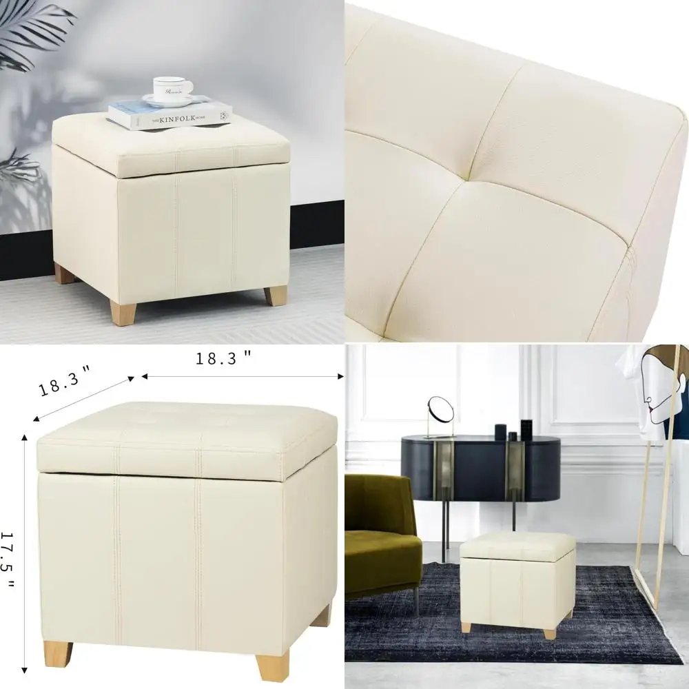 

Cream White Faux Leather Storage Ottoman with Hinged Lid, 17.5 Inch High Square Foot Stool, Upholstered