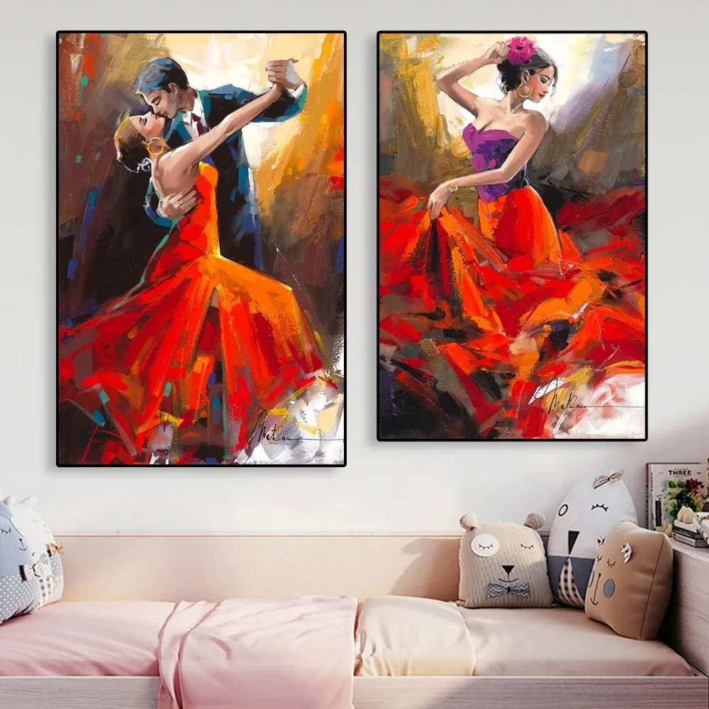 Póster colorido moderno, arte de bailarina de belleza Flamenco español, pintura al óleo en lienzo, figura Vintage, impresiones, arte de pared, imágenes, decoración del hogar