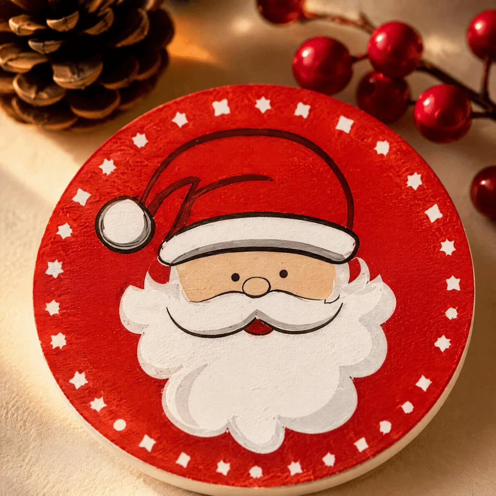 6PCS Round Christmas Wooden Coasters Printed Pattern Lightweight Drink Cup Mats Unique Santa Claus Snowflake Pattern