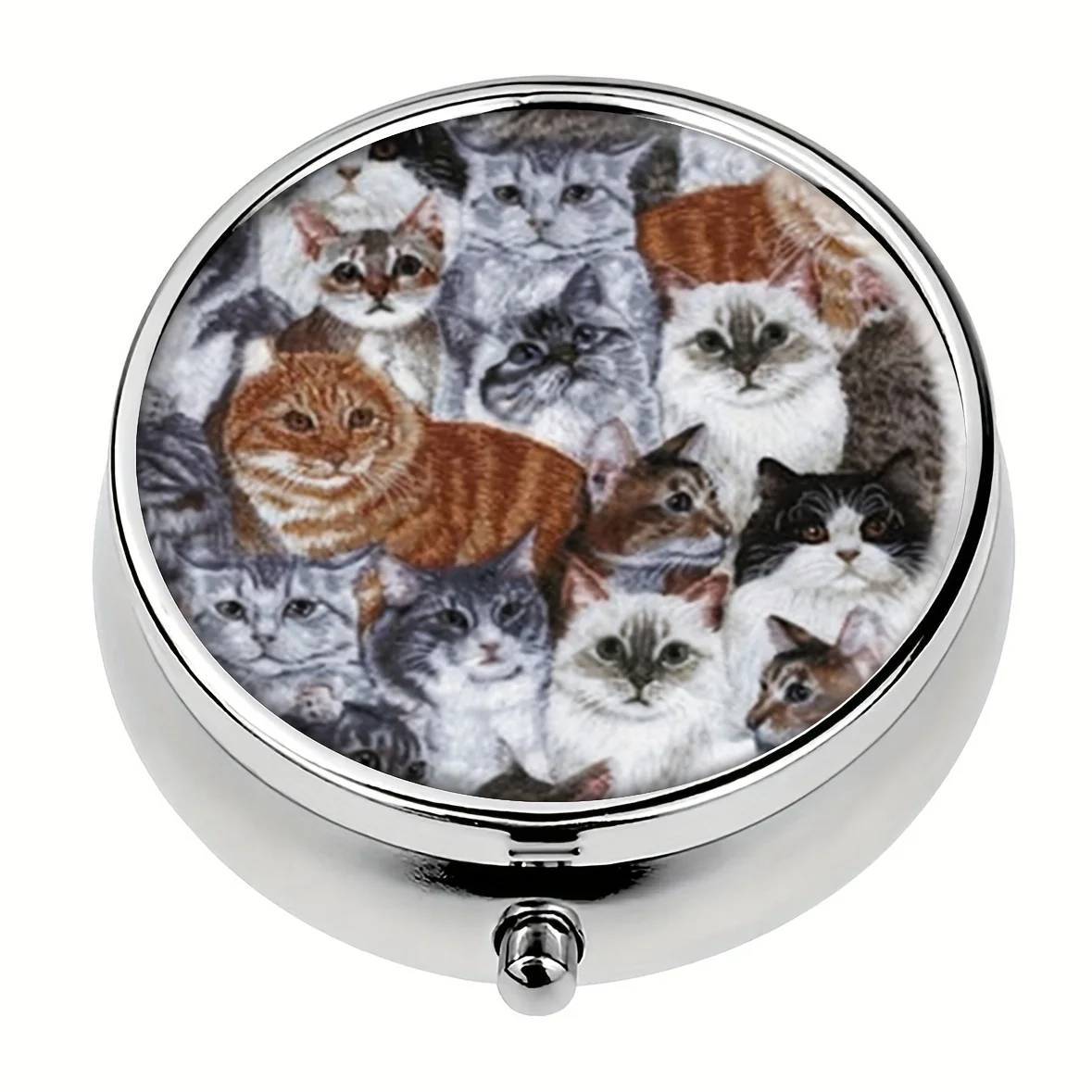 Round Portable Metal Pill Case with 3 Compartments - Travel-Friendly Medicine Storage Box - Unique Fluffy Cats Design Organizer