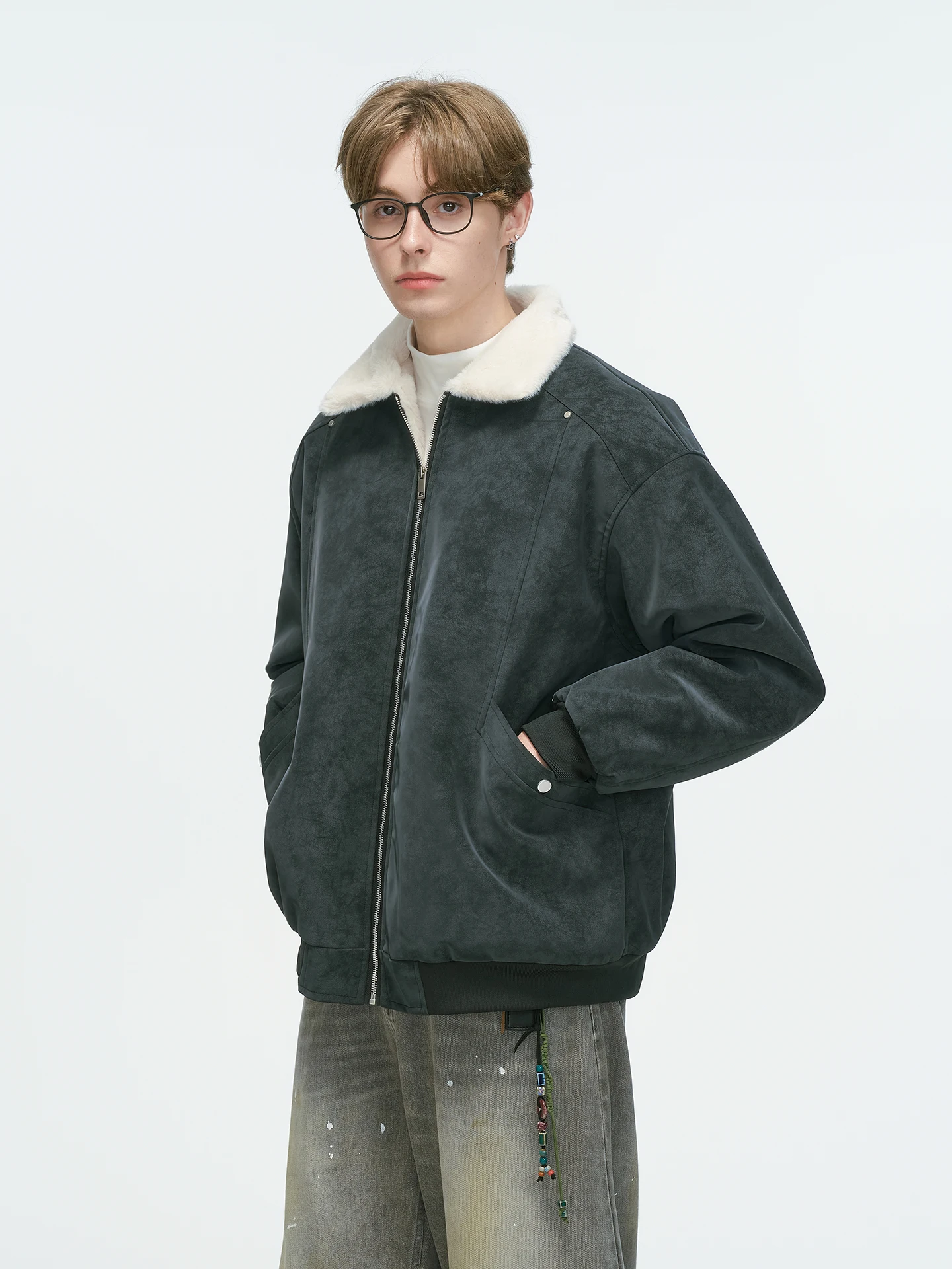 2025 الخريف الشتاء النمط الأمريكي الرجال سميكة الدافئة البني الرمادي الأسود صوف الضأن بدوره إلى أسفل طوق سترة قطن #2