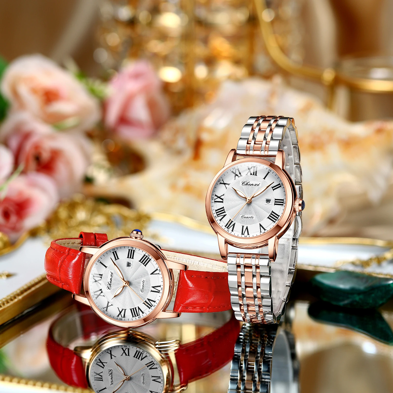 CHENXI 여성용 클래식 쿼츠 시계 달력, 빛나는 패션 시계, 가죽 스트랩, 방수, 여성용 캐주얼 손목시계, 301L