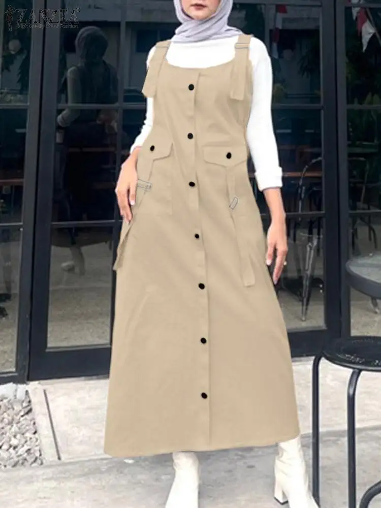 2024 ZANZEA Elegant Overalls Dress Muslim Hijab Sundress Women Vintage Sleeveless Strap Vestidos Buttons Down Work Holiday Robes