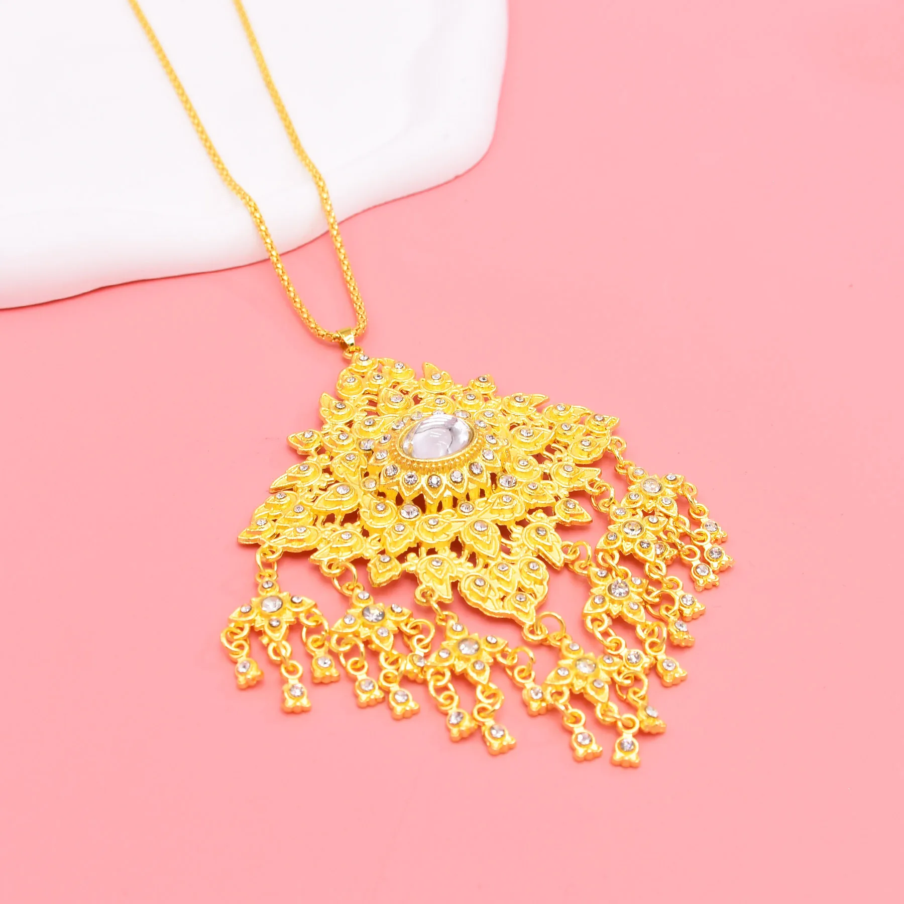 Fashion Luxury Golden Devil\'s Eye Crystal Flower Pendant Necklace Earrings for Women Drop Rhinestone Bride Wedding Jewelry Set