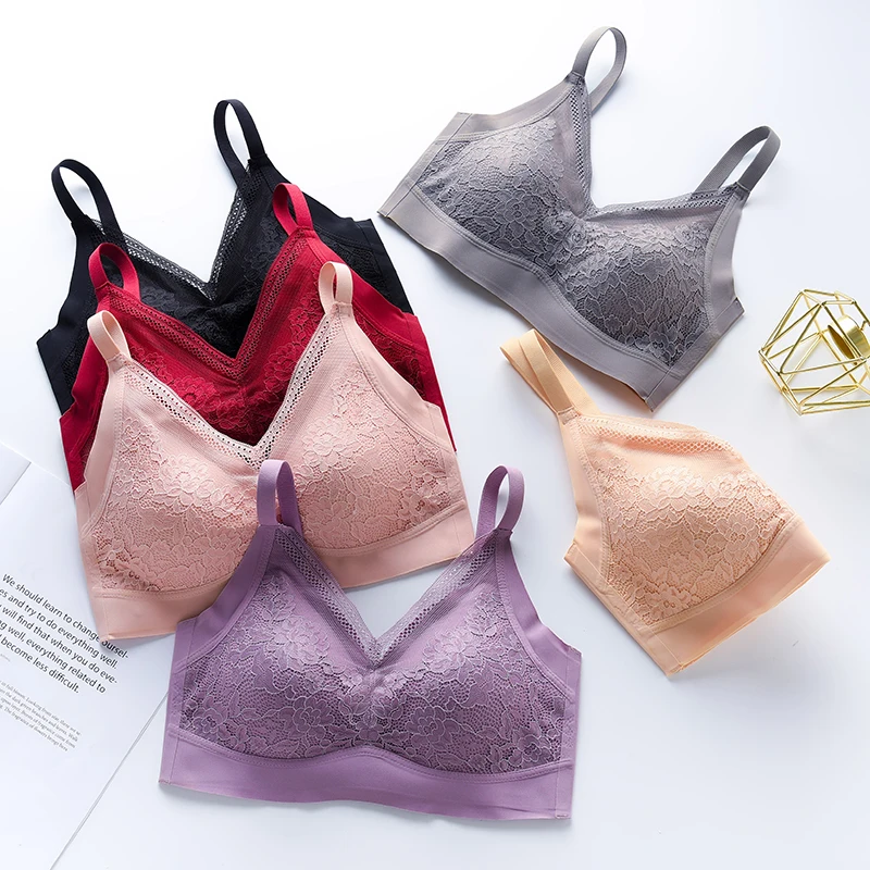 Thailand Latex Underwear Women Thin Shoulder Adjustable Straps Flowers Lace Seamless Breasted Plus Size Bra Widened Side Ratio image 3