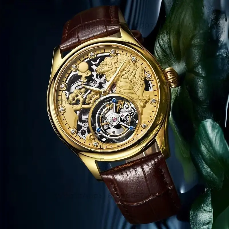 Tourbillon Mechanical Watch Double-sided Gemstone Glass Stainless Steel Zodiac Tiger Waterproof 7013