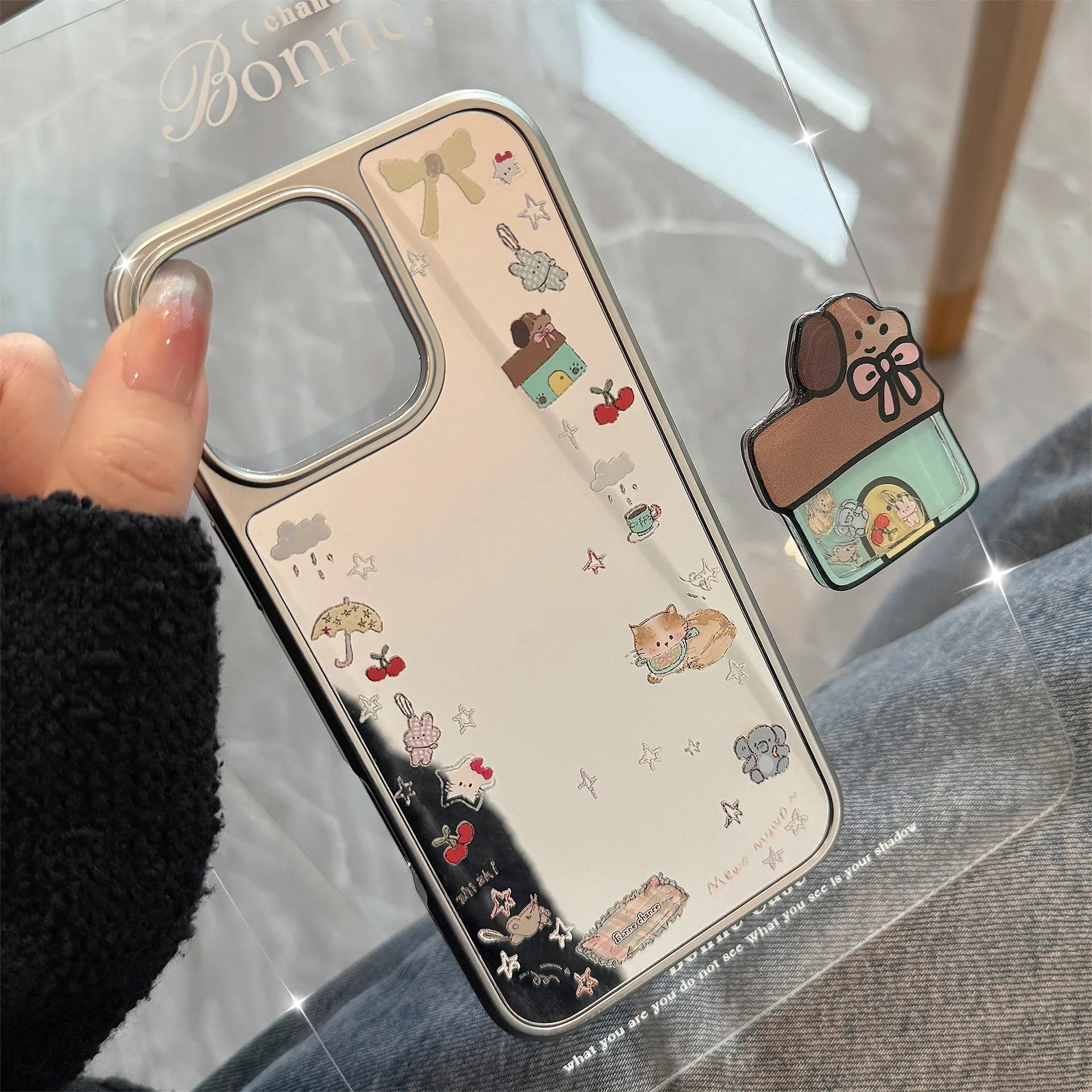 Ins Nette Cartoon Mit Welpen Halter Stehen Telefon Fall Für iPhone 16 13 14 15 Pro Max Stoßfest Spiegel Galvani Abdeckung Fundas