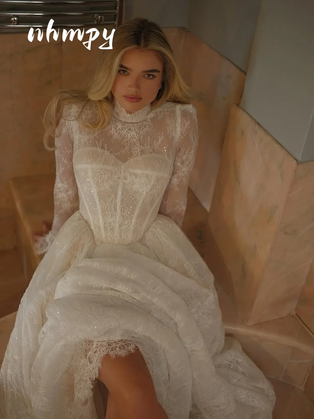 New Arrive A-Line Sparkly Lace Princess Wedding Dress Long Sleeve High Neck Bridal Gowns vestidos de novia Sweep Train Customiz