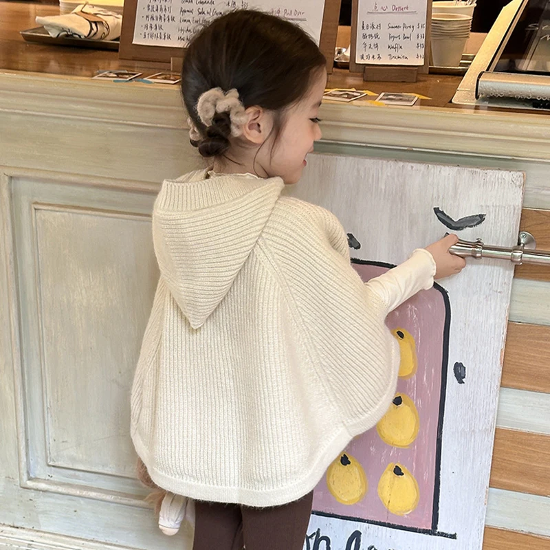 2024 Kids Autumn Cape Cloak Babys Girls Solid Knit Wool Jacke Children Casual Loose Tops Cute Girls Coat Clothes for 2-7 years