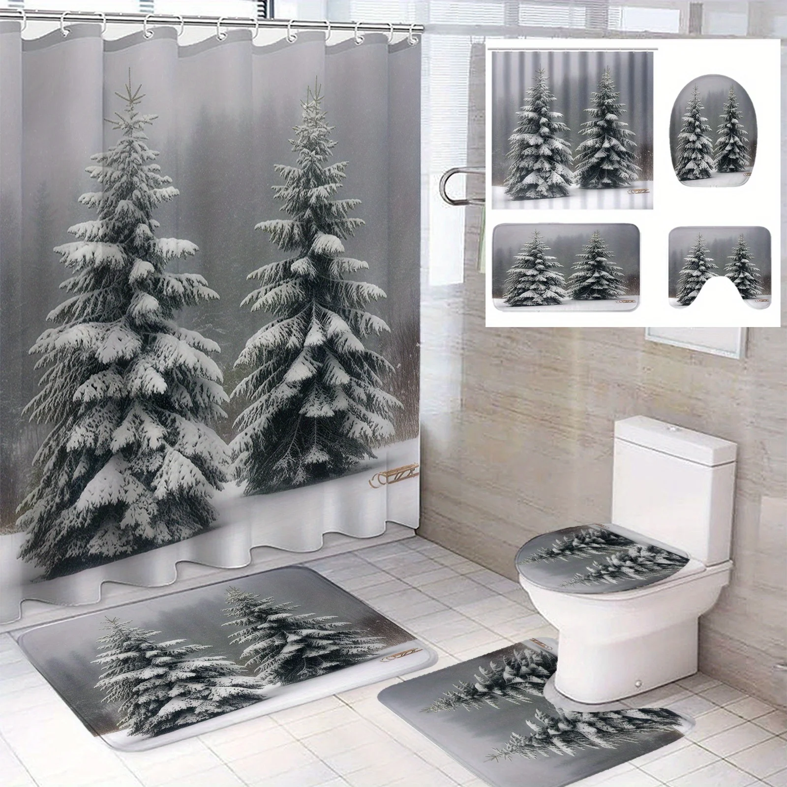 

4 шт., набор занавесок для душа в виде рождественской елки и снежинок, с крючком и U-образной крышкой, аксессуары для ванной комнаты, рождественские украшения