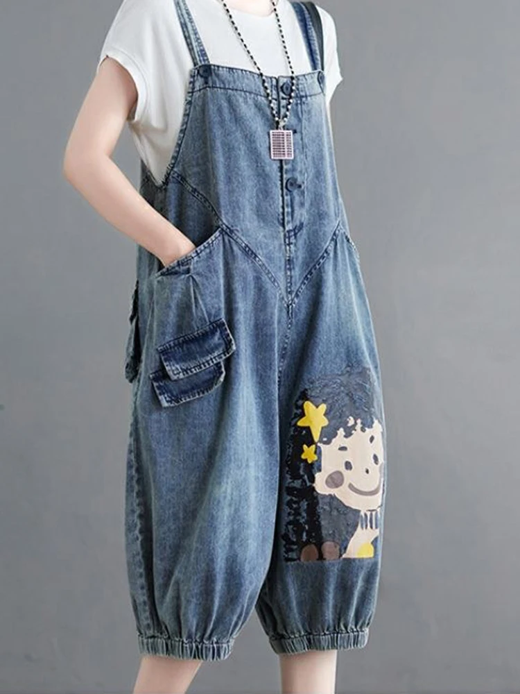 DENIM Jumpsuits ผู้หญิงวินเทจเกาหลีสไตล์ One Piece ชุดลําลอง Cropped Rompers พิมพ์โคมไฟกางเกงยีนส์ฤดูร้อนเสื้อผ้าผู้หญิง