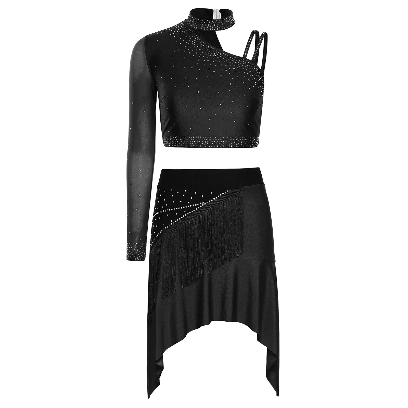 Women Modern Lyrical Dance Set Rhinestones Asymmetrical Sleeve Crop Top and Tassel Skirt Set for Ballet Figure Skating Dancewear