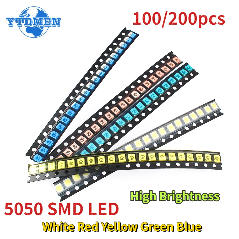 Kit surtido de LED SMD 100 de alto brillo, 200/5050 piezas, 5 colores blanco, rojo, amarillo, verde, azul, diodos emisores de luz electrónica