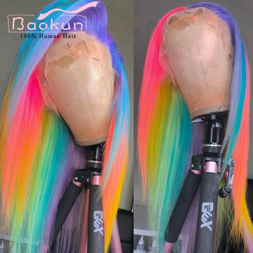 Rainbow Colorful Highlight Human Hair Wigs Free Part 13x6 HD Lace Frontal Wig Green Pink 13x4 Straight Lace Front Wigs For Women