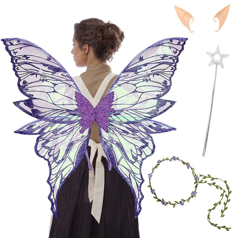 4종 할로윈 요정 날개 세트, 나비 날개, 엘프 귀, 요정 지팡이 및 꽃 머리띠 화환 (여성/소녀 역할 놀이용)