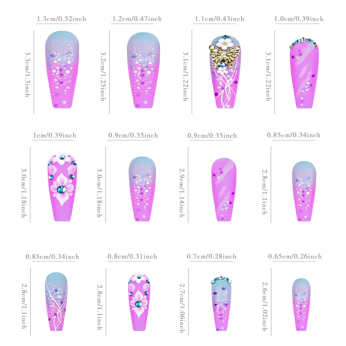 Long Press on Nails Coffin Glitter French Tip Nails Rainbow Ombre False Nails with Camellia Rhinestones Press ons Acrylic Nails