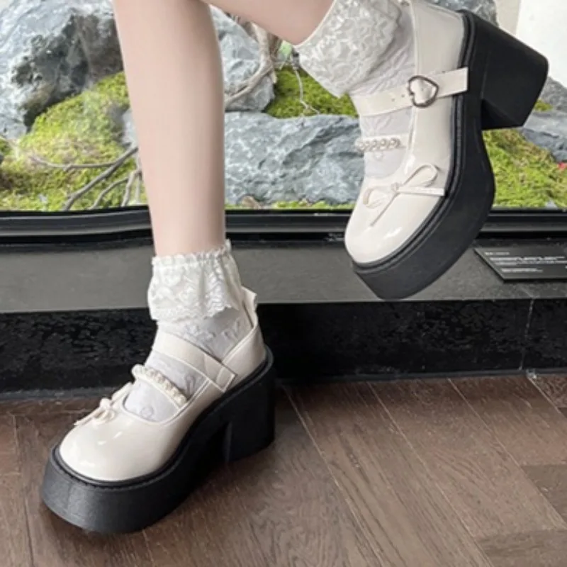 French Round Toe Thick Heel Single Strap Mary Jane Shoes for Women 2025 New Versatile Bow Patent Leather High Heels 35--40 Size