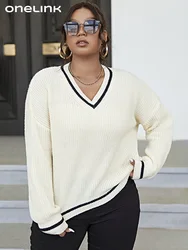 ONELINK Plus Size Women's Pullover Sweater Suede Wool White Sexy V Neck Long Sleeve Stitching Top Minimalism Oversize Style