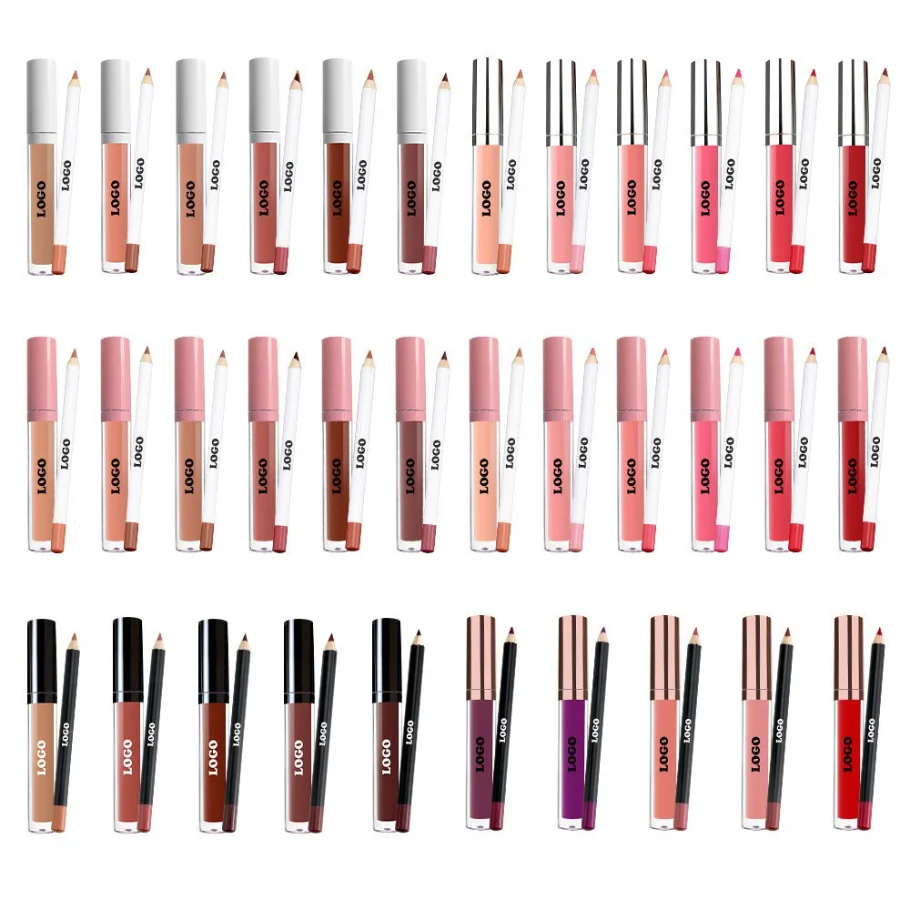 Custom Logo Vegan Wholesale Waterproof Lip Liner Set With Matte Lip Gloss Private Label Long Lasting No Smudge Plumping