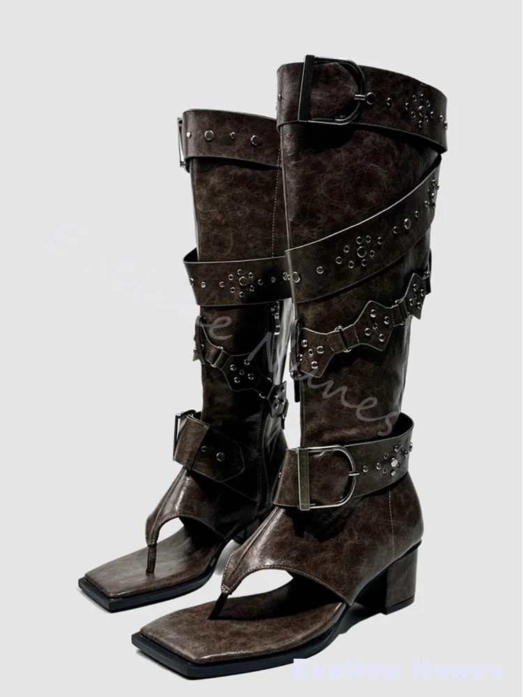 Black Metallic Knee High Sandals Boots Women Square Thong Open Toe Chunky Heel Gladiator Boots Festival Gothic Fashion Sandals