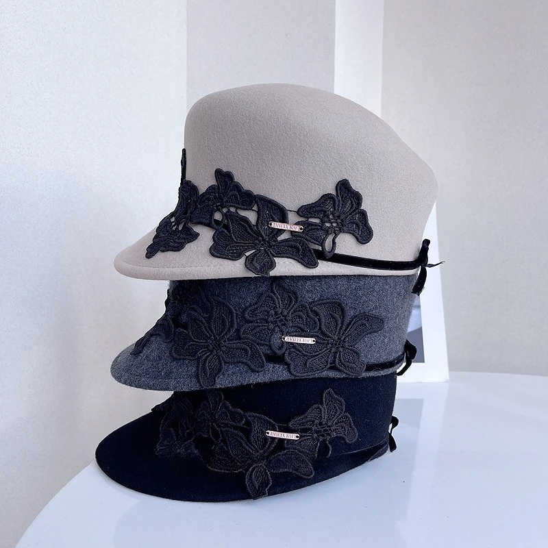 100% Wool Small Top Hats For Luxury Women Elegant Berets 2024 Winter Wedding Ceremony Church Cap Flower Ladies Felt Fedoras