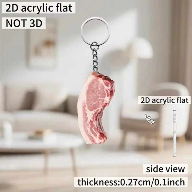 31BA Flat Food-Themed Bag Keychain Charms with Pork Print, 10-Piece Set
