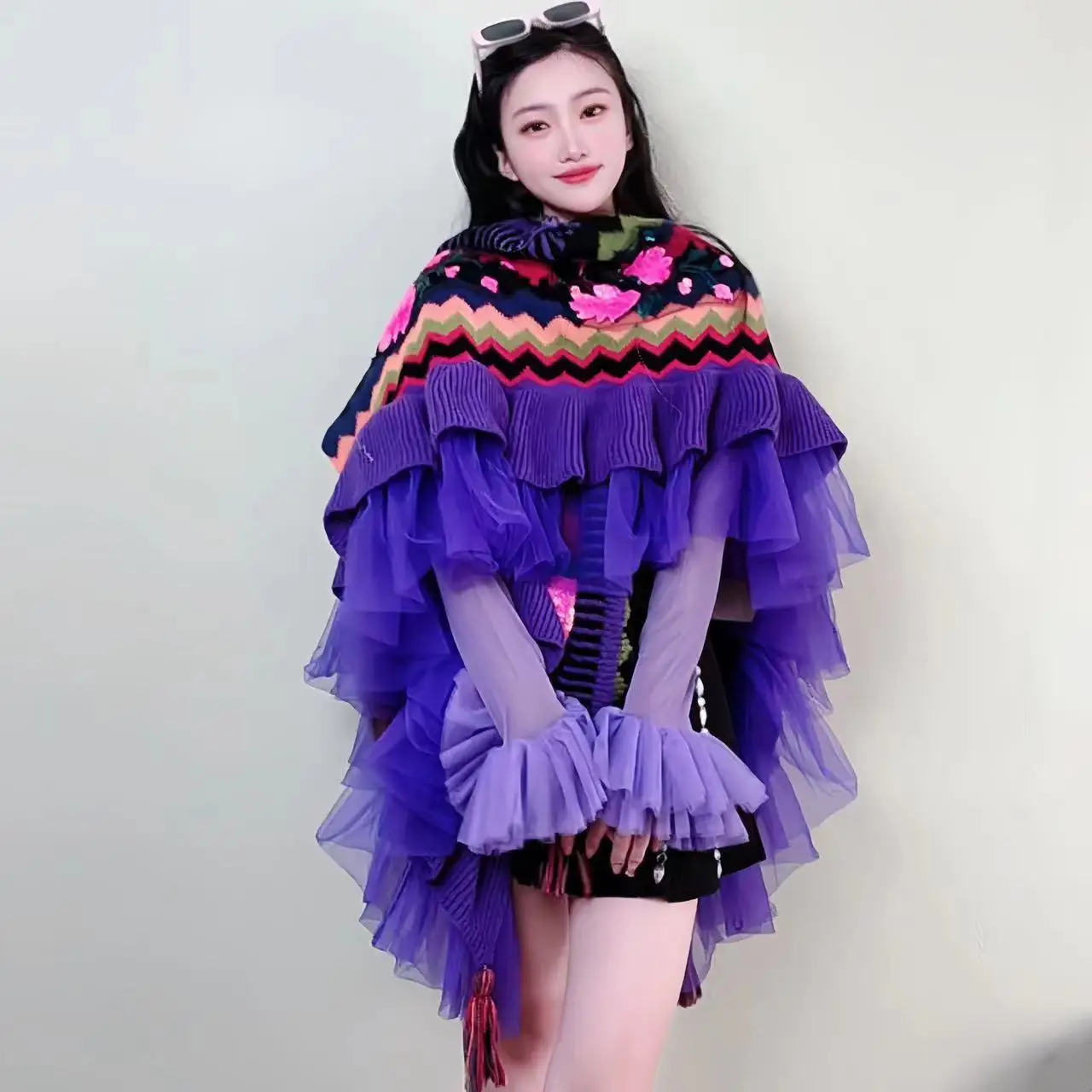 Purple Coat With Lotus Sleeves Fashion High-end Designer Trend Embroidery Scarf Shawl Cape Overlay In Autumn Daily Wear Top